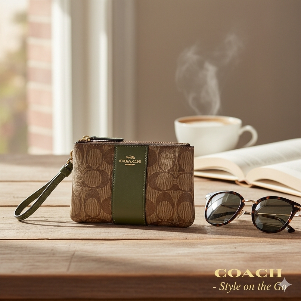 Coach Signature Brown and Olive Wristlet Corner Zip In Canvas